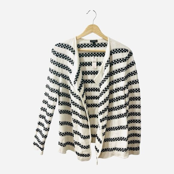 Talbots Womens Cardigan Small White Nautical Cotton Textured Knit Stripe Open - Picture 3 of 9